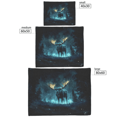 Moose With Massive Glowing Antlers Standing in Bioluminescent Forest Surrounded by Blue and Green Light Fleece Sherpa Blanket - Awakening Righteousness