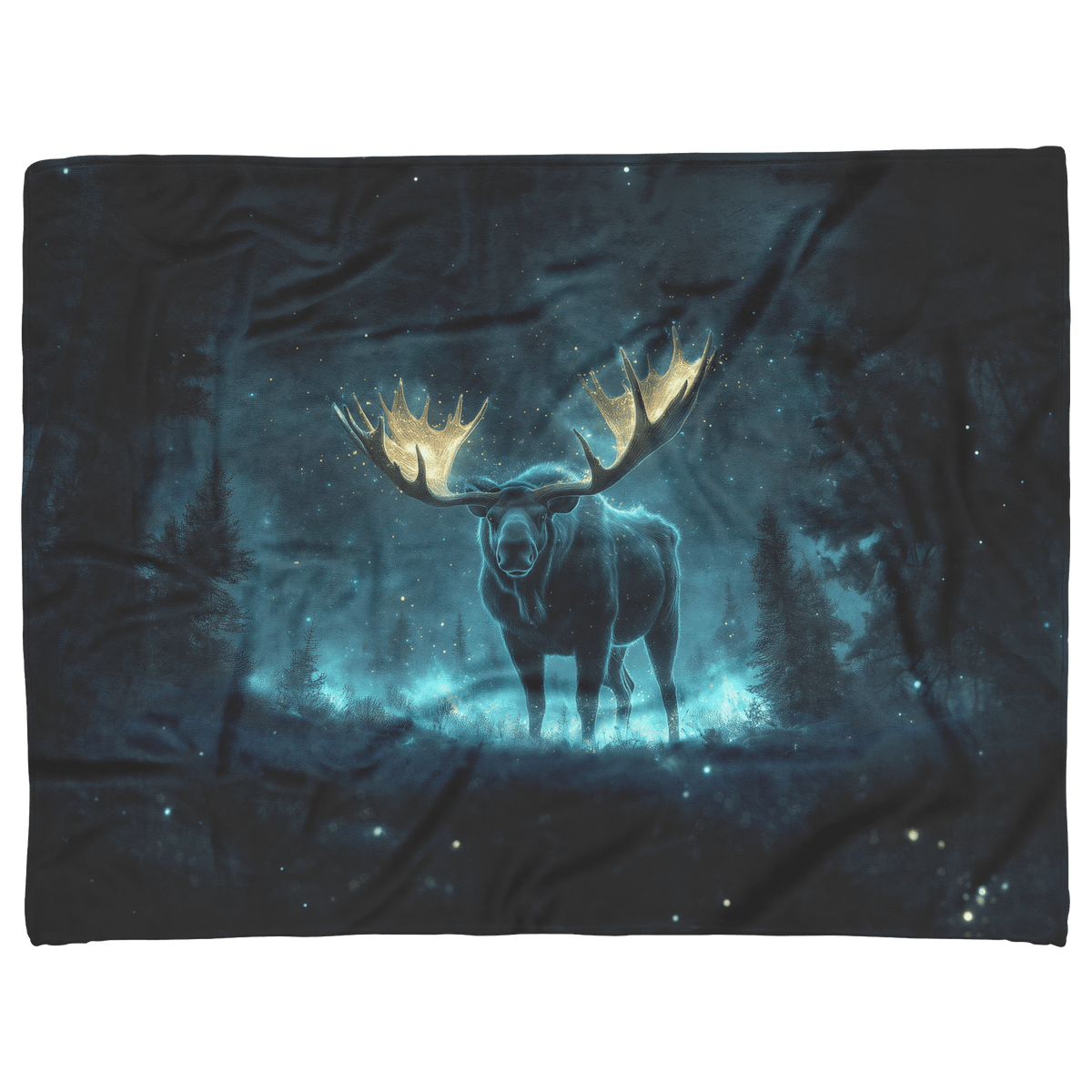 Moose With Massive Glowing Antlers Standing in Bioluminescent Forest Surrounded by Blue and Green Light Fleece Sherpa Blanket - Awakening Righteousness