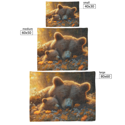 Mother Bear and Cub Resting in Meadow Surrounded by Wildflowers Soft Golden Sunlight Peaceful Fleece Blanket - Awakening Righteousness