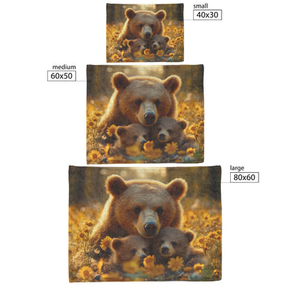 Mother Bear and Cub Resting in Meadow Surrounded by Wildflowers Soft Golden Sunlight Peaceful Fleece Blanket - Awakening Righteousness