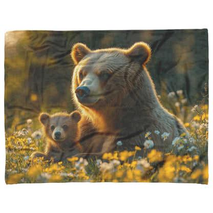Mother Bear and Cub Resting in Meadow with Wildflowers Under Soft Golden Sunlight Sherpa Fleece Blanket - Awakening Righteousness