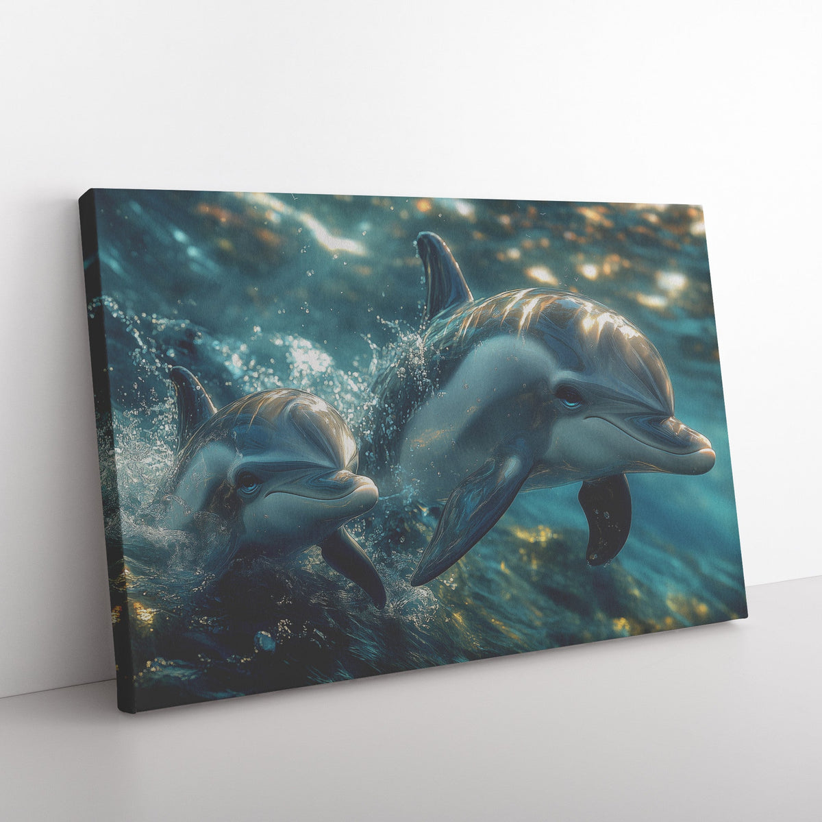 Mother Dolphin and Calf Splashing Together Canvas Art Playful, Shiny Fur Under Sunlight - Awakening Righteousness