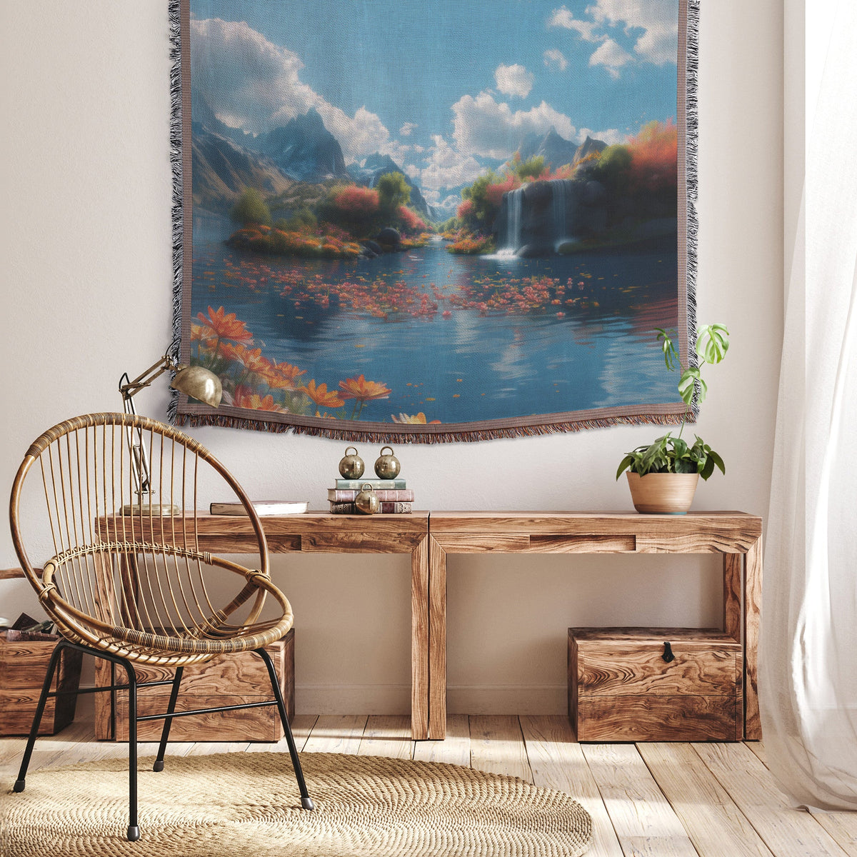 Mountain Waterfall with Flowing Flowers and Scenic Landscape Woven Throw Blanket for Home Decor - Awakening Righteousness
