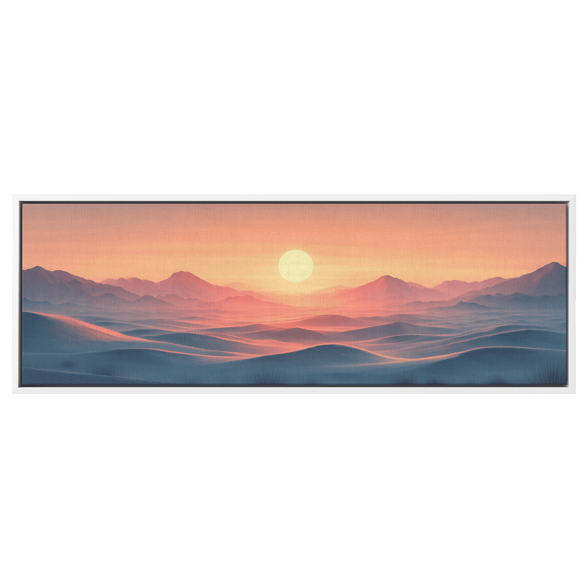 Muted Panoramic Illustration Flat Desert Plain Distant Hills Beige Sand Tones Ultra High Definition Minimalist Panoramic Framed Canvas Wall Art - Awakening Righteousness