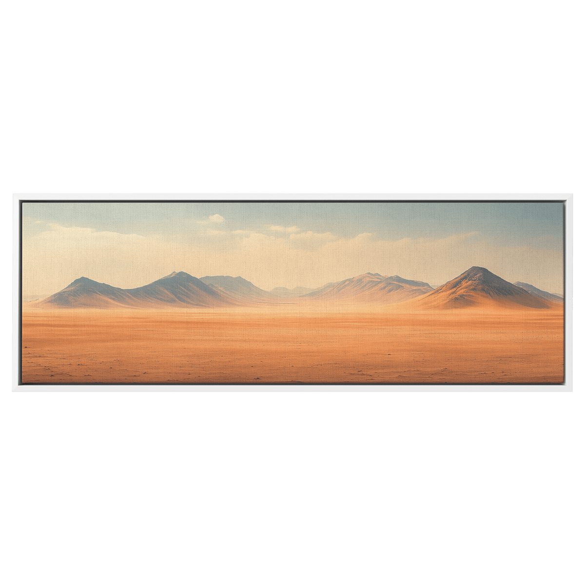 Muted Panoramic Illustration Flat Desert Plain Distant Hills Beige Sand Tones Ultra High Definition Minimalist Panoramic Framed Canvas Wall Art - Awakening Righteousness
