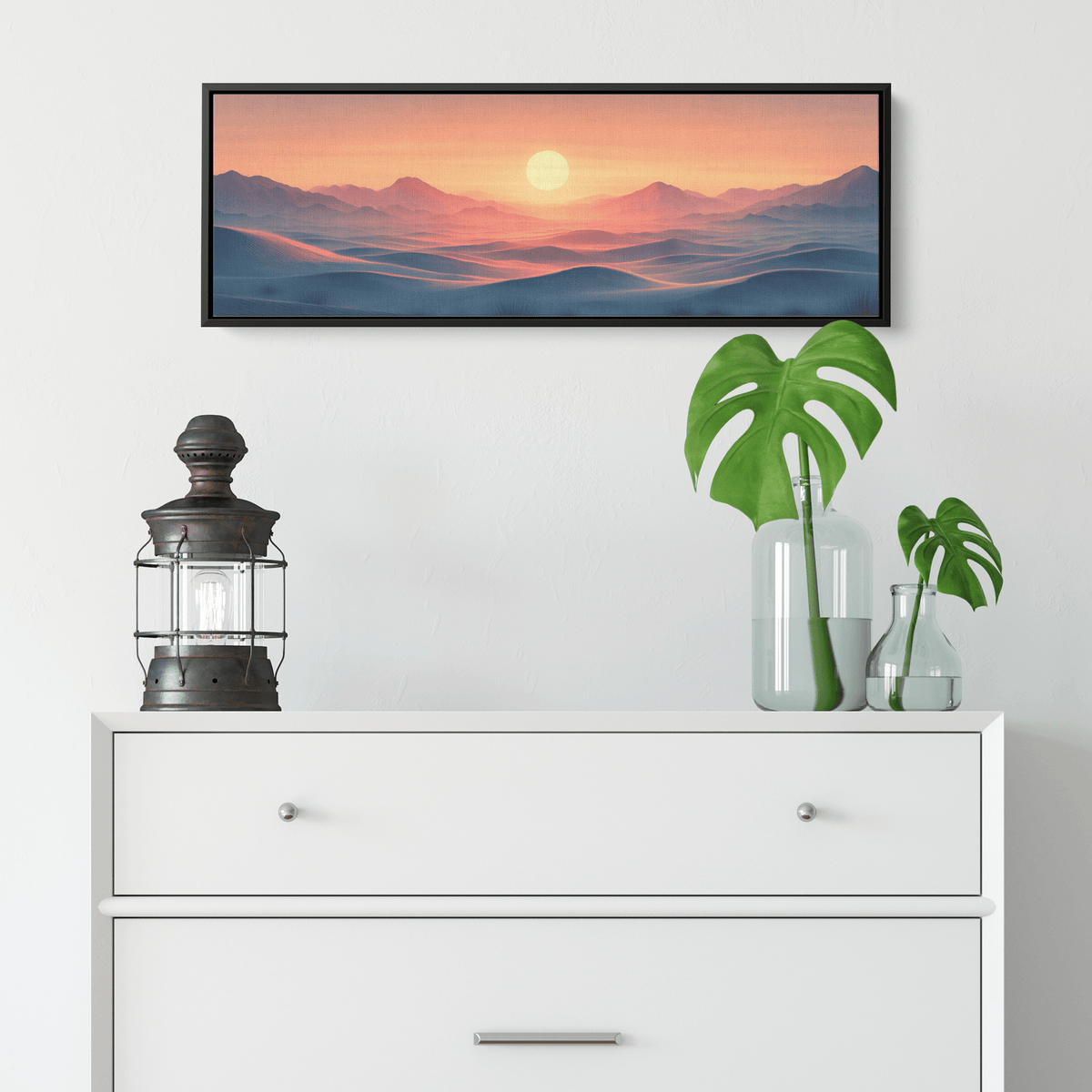 Muted Panoramic Illustration Flat Desert Plain Distant Hills Beige Sand Tones Ultra High Definition Minimalist Panoramic Framed Canvas Wall Art - Awakening Righteousness