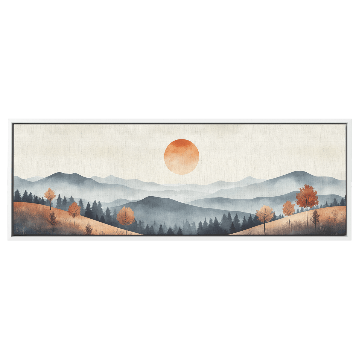 Muted Panoramic Illustration Gently Sloping Hills Sparse Tree Clusters Soft Brown Gray Tones Ultra High Definition Modern Minimalist Panoramic Framed Canvas Wall Art - Awakening Righteousness