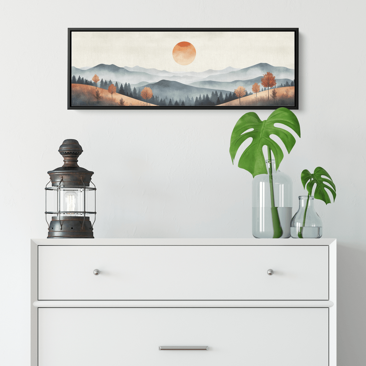 Muted Panoramic Illustration Gently Sloping Hills Sparse Tree Clusters Soft Brown Gray Tones Ultra High Definition Modern Minimalist Panoramic Framed Canvas Wall Art - Awakening Righteousness