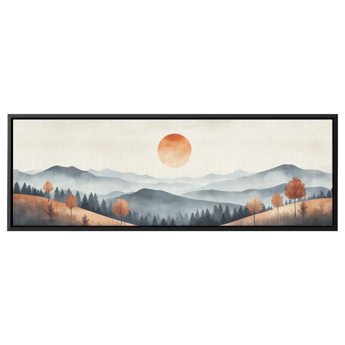 Muted Panoramic Illustration Gently Sloping Hills Sparse Tree Clusters Soft Brown Gray Tones Ultra High Definition Modern Minimalist Panoramic Framed Canvas Wall Art - Awakening Righteousness