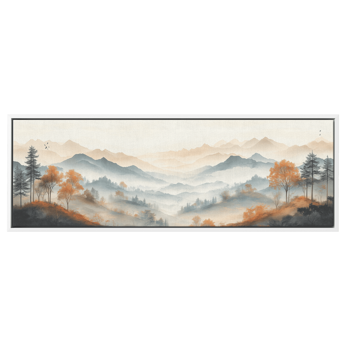 Muted Panoramic Illustration Gently Sloping Hills Sparse Tree Clusters Soft Brown Gray Tones Ultra High Definition Modern Minimalist Panoramic Framed Canvas Wall Art - Awakening Righteousness