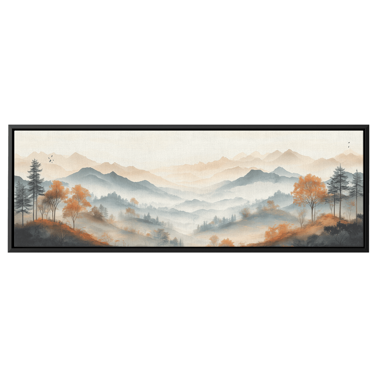 Muted Panoramic Illustration Gently Sloping Hills Sparse Tree Clusters Soft Brown Gray Tones Ultra High Definition Modern Minimalist Panoramic Framed Canvas Wall Art - Awakening Righteousness