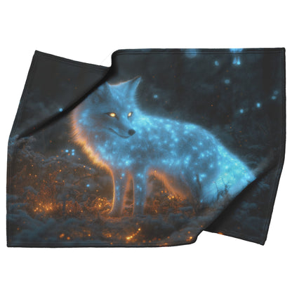 Mystical Glowing Fox in Bioluminescent Forest Moonlit Sky Shimmering Plants Intricate Fur Fleece Sherpa Blanket - Awakening Righteousness