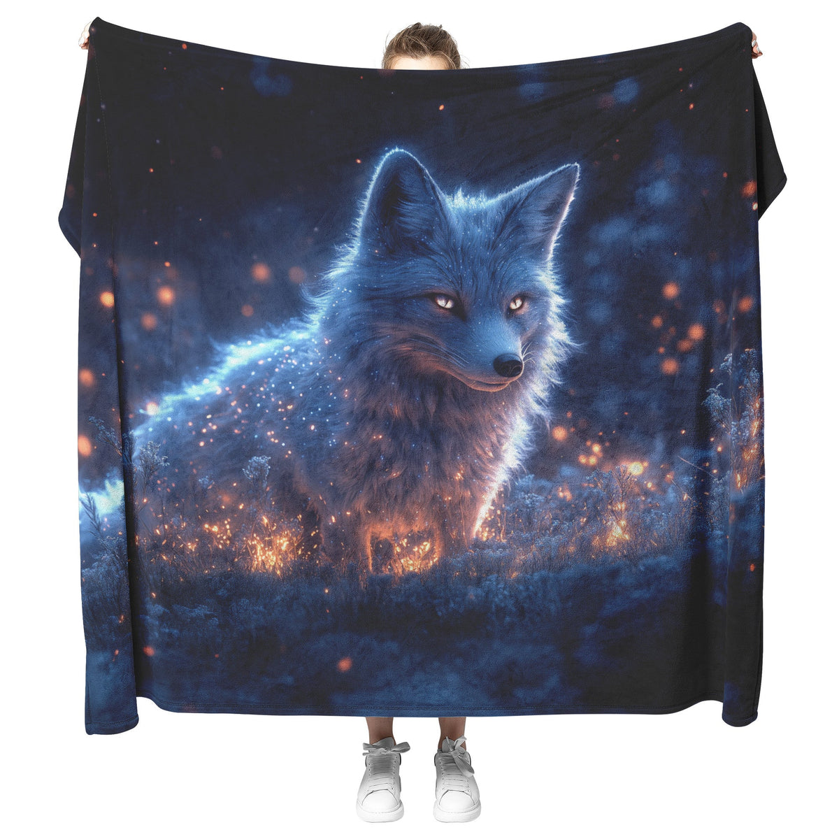 Mystical Glowing Fox in Bioluminescent Forest Moonlit Sky Shimmering Plants Intricate Fur Fleece Sherpa Blanket - Awakening Righteousness