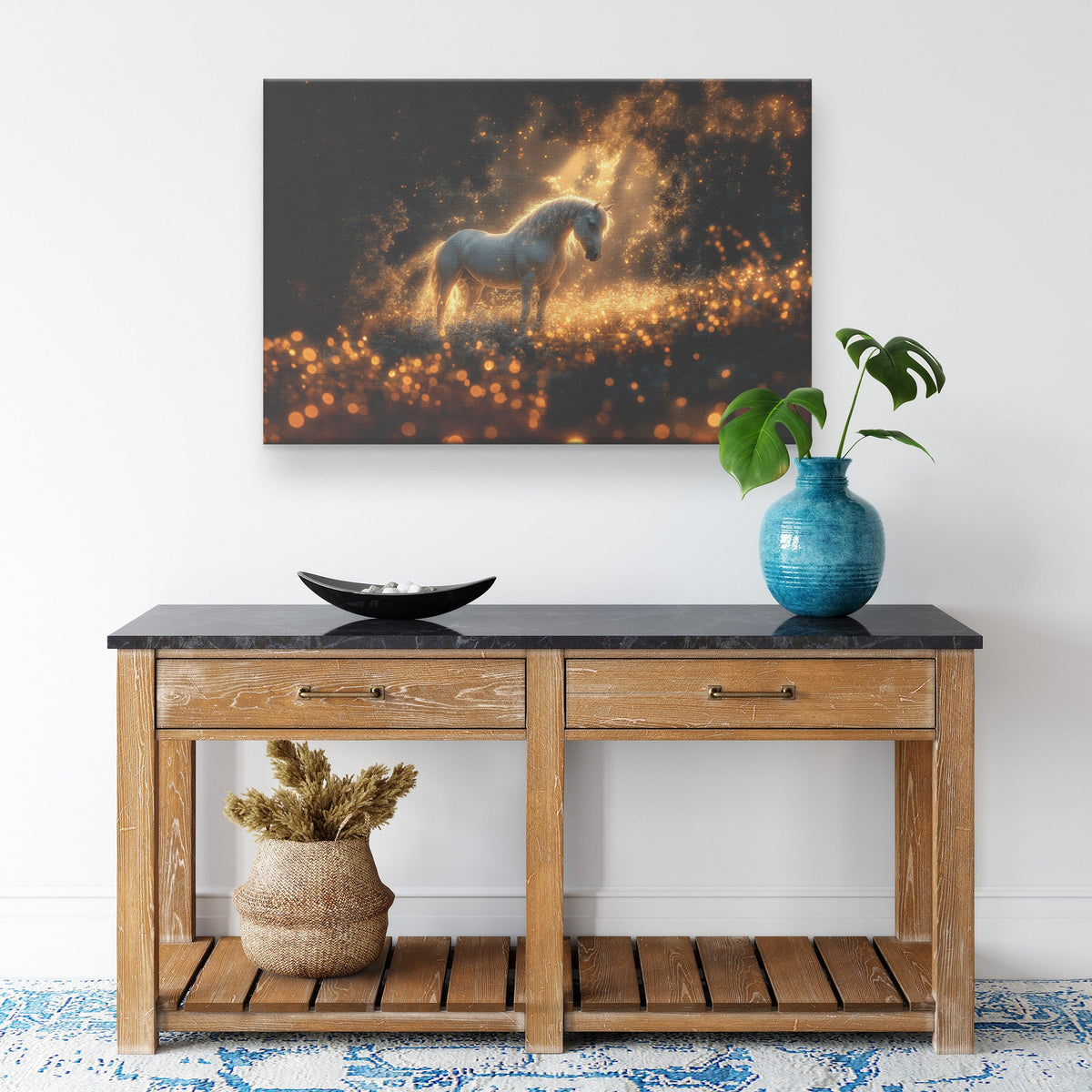 Mystical Glowing Horse Canvas Wall Art Decor in Magical Forest with Fireflies and Luminous Surreal Atmosphere - Awakening Righteousness
