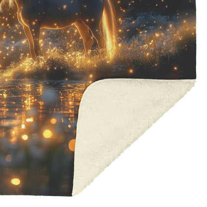 Mystical Glowing Horse in Magical Forest with Fireflies and Soft Glowing Plants Luminous Fleece Sherpa Blanket - Awakening Righteousness