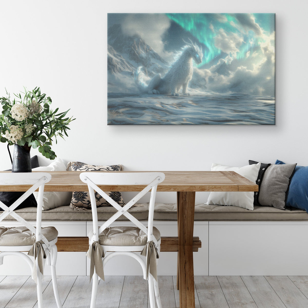 Mystical Ice Dragon Surrounded by Glowing Snowflakes in Frozen Landscape Under Aurora Borealis Canvas Wall Art Decor - Awakening Righteousness