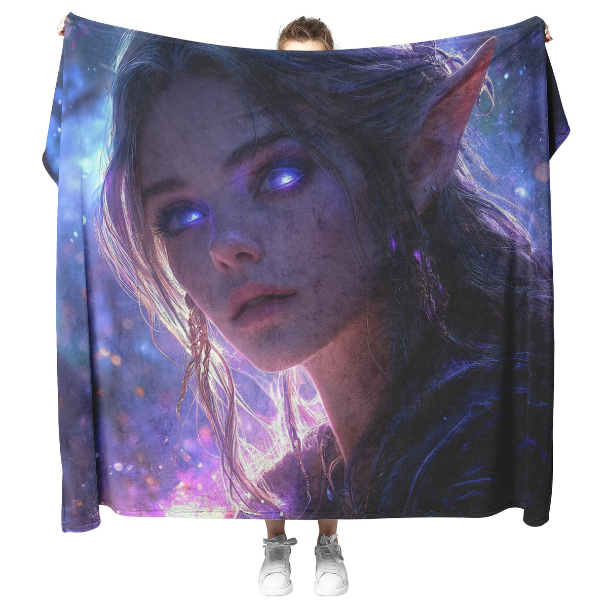 Mystical Night Elf Fleece Sherpa Blanket Featuring Radiant Holy Female Alliance Elf in Enchanted Forest - Awakening Righteousness