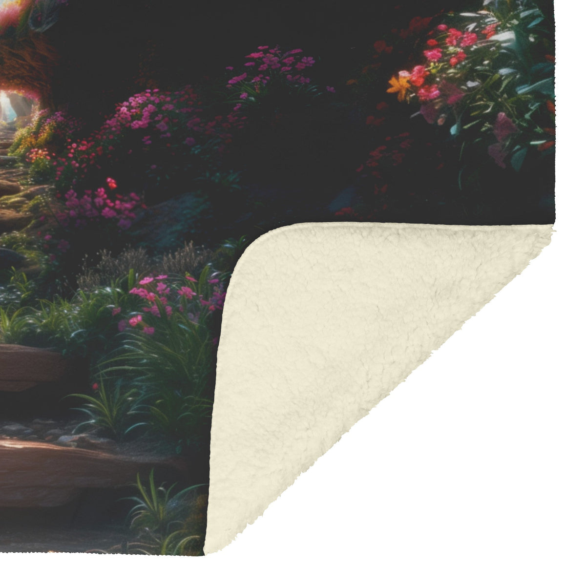 Narrow Path Fleece Sherpa Blanket Featuring Vibrant Floral Journey Leading to the Cross Illuminated by Heavenly Light - Awakening Righteousness