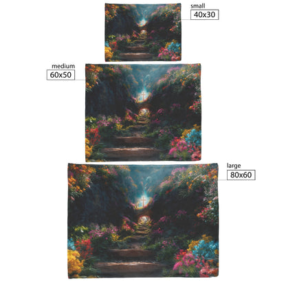 Narrow Path Fleece Sherpa Blanket Featuring Vibrant Floral Journey Leading to the Cross Illuminated by Heavenly Light - Awakening Righteousness