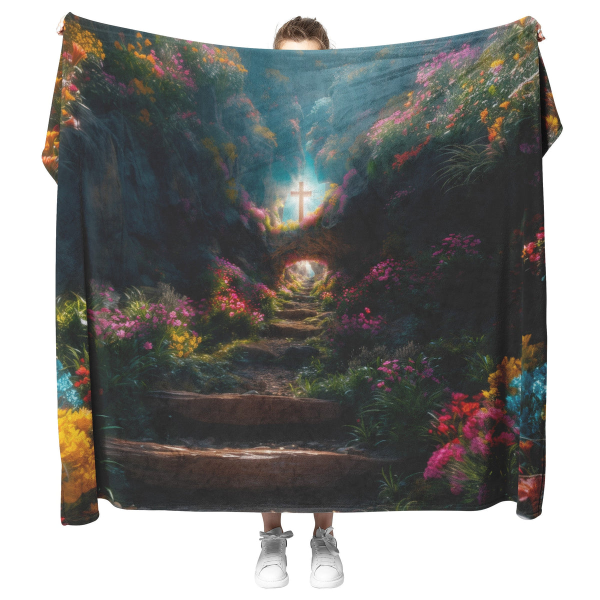 Narrow Path Fleece Sherpa Blanket Featuring Vibrant Floral Journey Leading to the Cross Illuminated by Heavenly Light - Awakening Righteousness