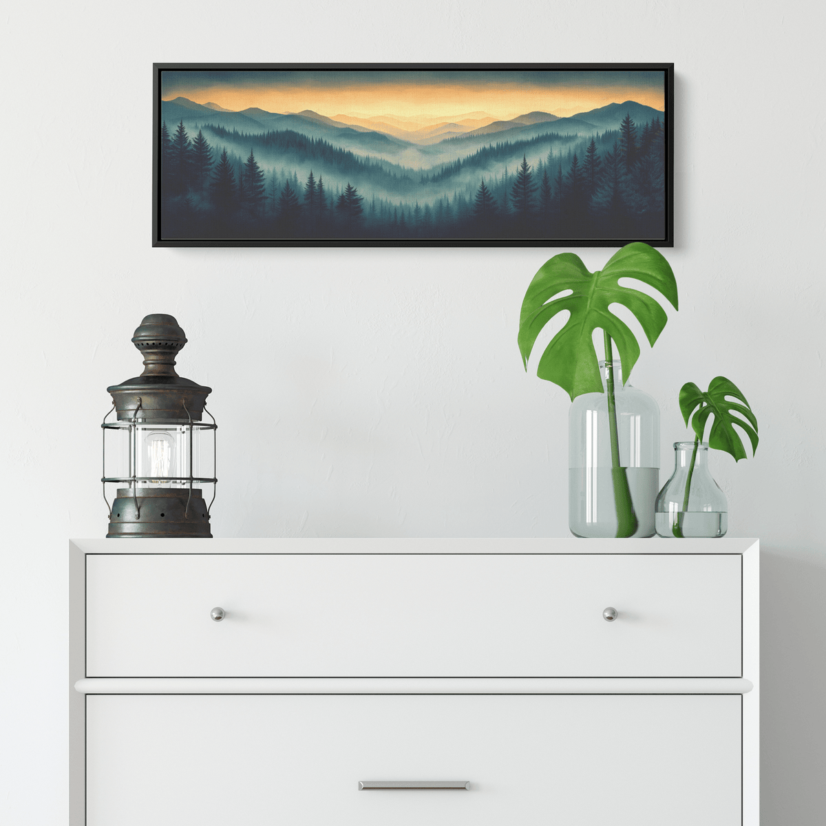 Neutral Toned Panoramic Artwork Rolling Hills Misty Forest Clean Minimal Linework Ultra High Definition Panoramic Framed Canvas Wall Art - Awakening Righteousness