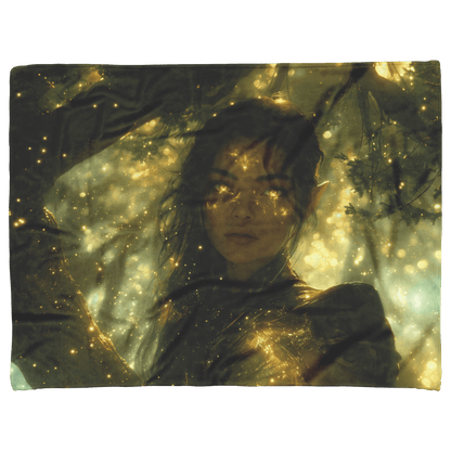 Night Elf Hunter Fleece Sherpa Blanket Glowing Runes Ancient Trees Golden Highlights Cascading Stars Elegant Powerful Design - Awakening Righteousness