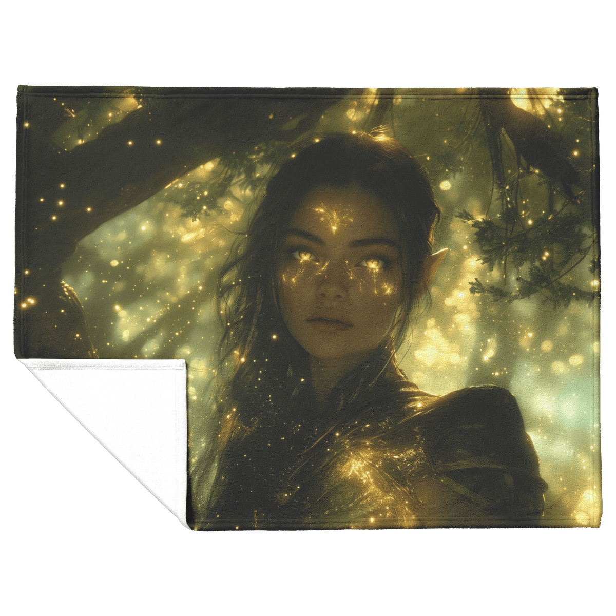 Night Elf Hunter Fleece Sherpa Blanket Glowing Runes Ancient Trees Golden Highlights Cascading Stars Elegant Powerful Design - Awakening Righteousness