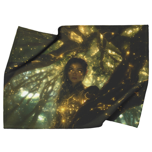 Night Elf Hunter Fleece Sherpa Blanket Glowing Runes Ancient Trees Golden Highlights Cascading Stars Elegant Powerful WoW Design - Awakening Righteousness