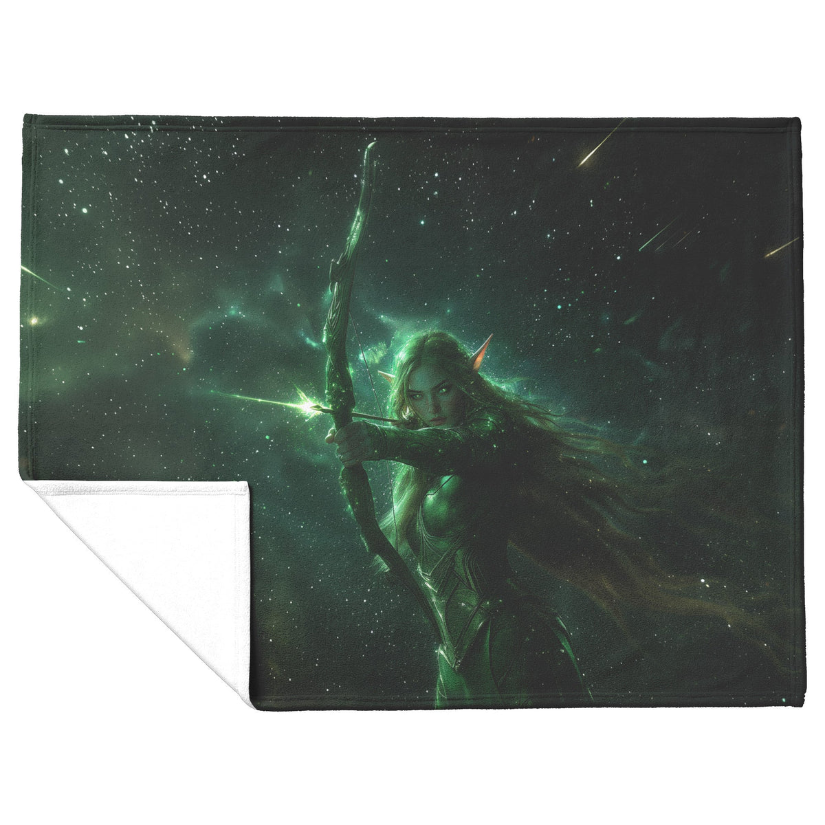 Night Elf Hunter Fleece Sherpa Blanket Green Silver Armor Glowing Bow Shimmering Stars Light Trails Majestic WoW Design - Awakening Righteousness