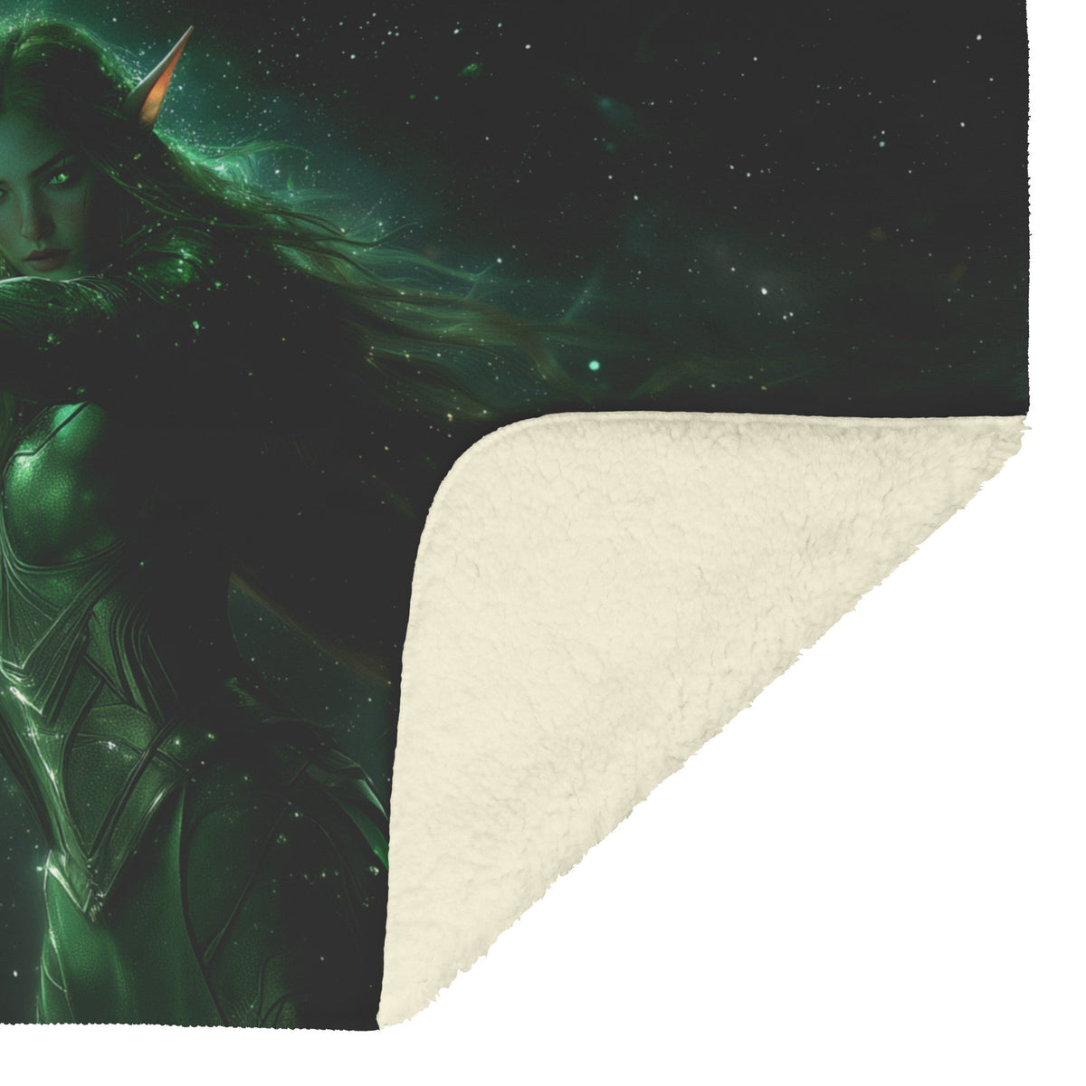 Night Elf Hunter Fleece Sherpa Blanket Green Silver Armor Glowing Bow Shimmering Stars Light Trails Majestic WoW Design - Awakening Righteousness