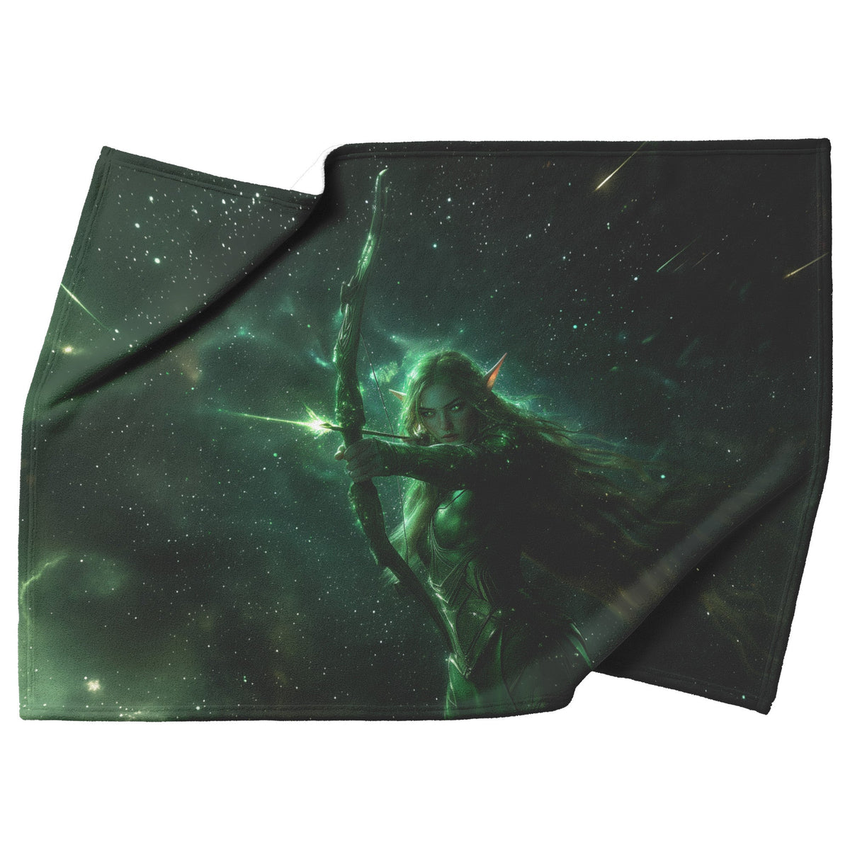 Night Elf Hunter Fleece Sherpa Blanket Green Silver Armor Glowing Bow Shimmering Stars Light Trails Majestic WoW Design - Awakening Righteousness