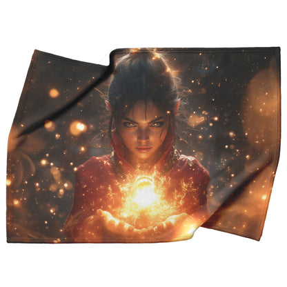 Night Elf Mage Fleece Sherpa Blanket Glowing Fireball Golden Reflections Shimmering Textures Bold Powerful WoW Design - Awakening Righteousness