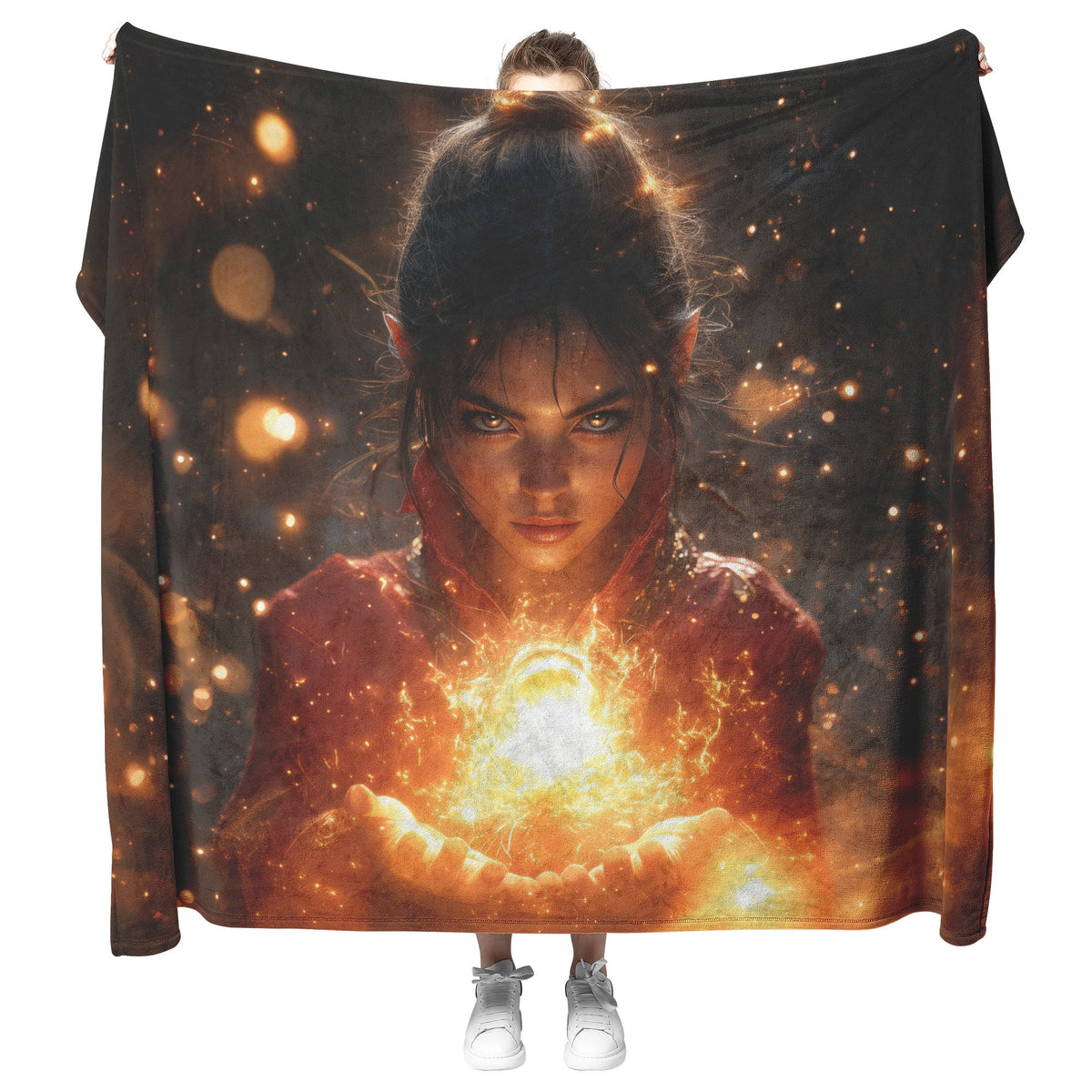 Night Elf Mage Fleece Sherpa Blanket Glowing Fireball Golden Reflections Shimmering Textures Bold Powerful WoW Design - Awakening Righteousness
