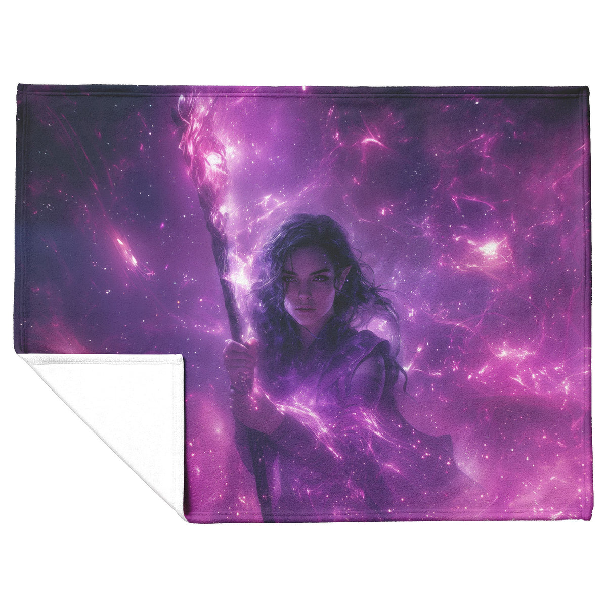 Night Elf Mage Fleece Sherpa Blanket Radiant Staff Silver Stars Purple Reflections Bold Inspiring WoW Design - Awakening Righteousness
