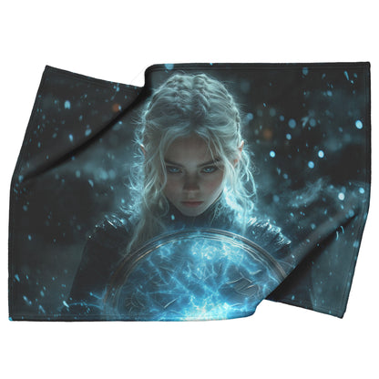 Night Elf Paladin Fleece Sherpa Blanket Glowing Shield Silver Highlights Shimmering Textures Elegant Inspiring WoW Design - Awakening Righteousness