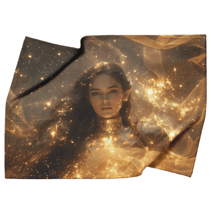 Night Elf Paladin Fleece Sherpa Blanket Golden Armor Shimmering Stars Cosmic Reflections Bold Serene WoW Design - Awakening Righteousness