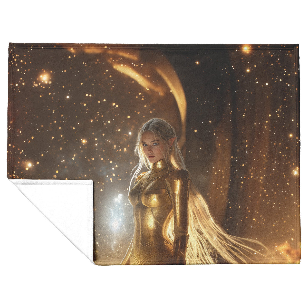 Night Elf Paladin Fleece Sherpa Blanket Golden Armor Shimmering Stars Cosmic Reflections Bold Serene WoW Design - Awakening Righteousness