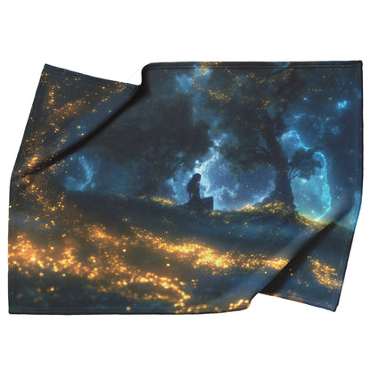 Night Elf Paladin Fleece Sherpa Blanket Moonlit Grove Shimmering Stars Golden Accents Tranquil Majestic Design - Awakening Righteousness