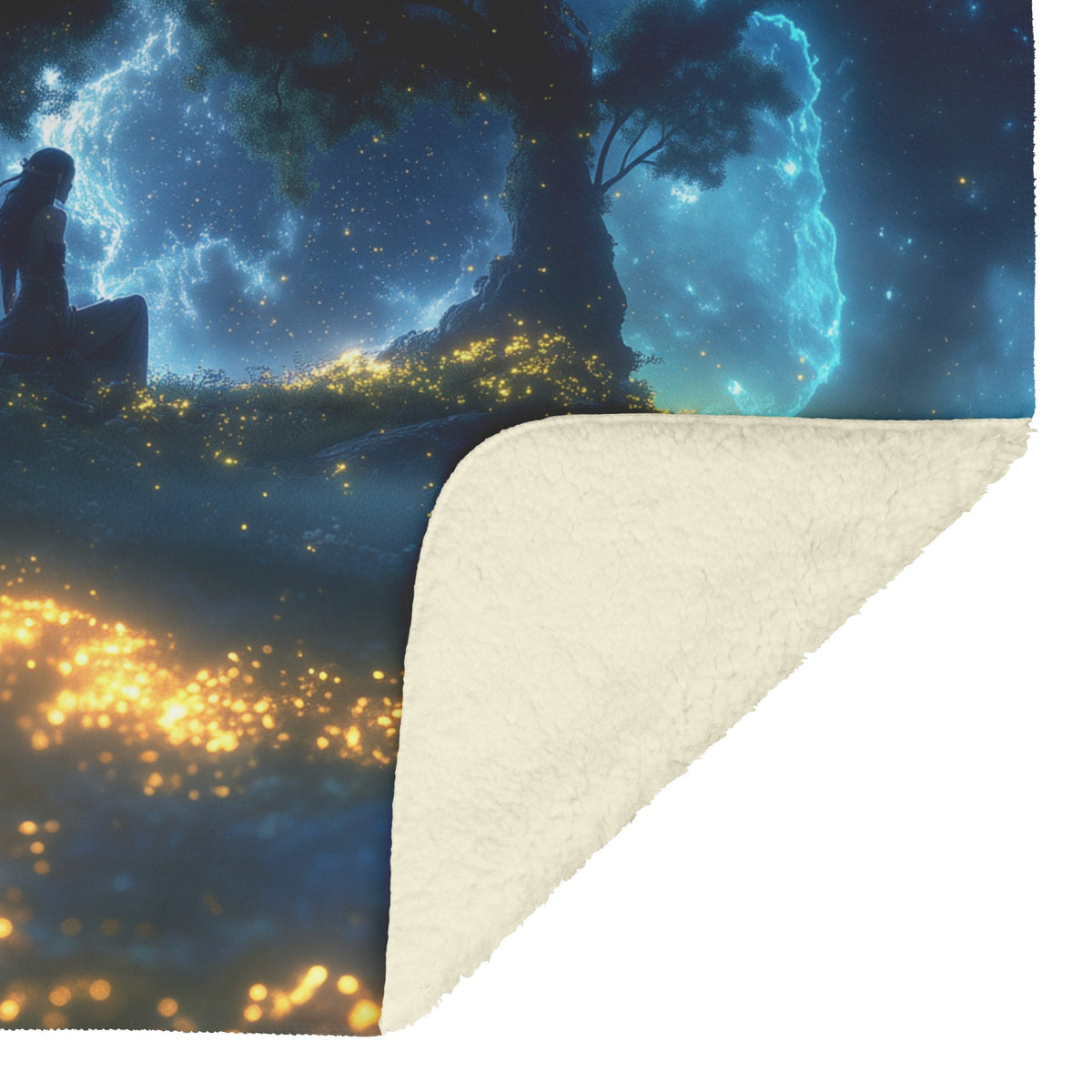 Night Elf Paladin Fleece Sherpa Blanket Moonlit Grove Shimmering Stars Golden Accents Tranquil Majestic Design - Awakening Righteousness