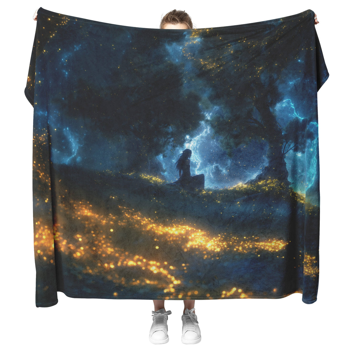 Night Elf Paladin Fleece Sherpa Blanket Moonlit Grove Shimmering Stars Golden Accents Tranquil Majestic Design - Awakening Righteousness