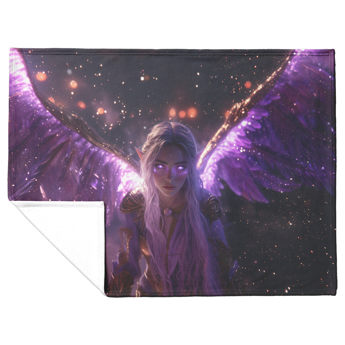Night Elf Paladin Fleece Sherpa Blanket Purple Armor Radiant Wings Cosmic Stars Glowing Textures Serene Inspiring WoW Design - Awakening Righteousness