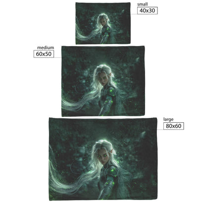 Night Elf Paladin Fleece Sherpa Blanket Silver Armor Glowing Green Runes Light Trails Bold Powerful WoW Design - Awakening Righteousness