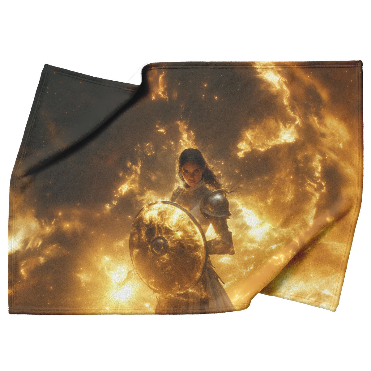 Night Elf Paladin Fleece Sherpa Blanket Silver Gold Armor Radiant Shield Cosmic Mist Bold Elegant WoW Design - Awakening Righteousness