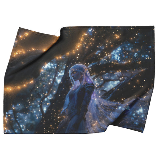 Night Elf Paladin Fleece Sherpa Blanket Silver Purple Armor Golden Accents Shimmering Light Stars Majestic Serene Design - Awakening Righteousness