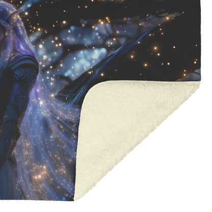 Night Elf Paladin Fleece Sherpa Blanket Silver Purple Armor Golden Accents Shimmering Light Stars Majestic Serene Design - Awakening Righteousness