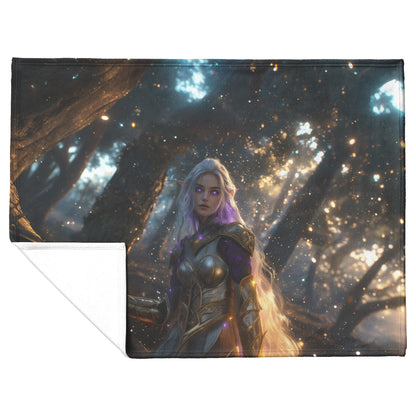 Night Elf Paladin Fleece Sherpa Blanket Silver Purple Armor Golden Accents Shimmering Light Stars Majestic WoW Design - Awakening Righteousness