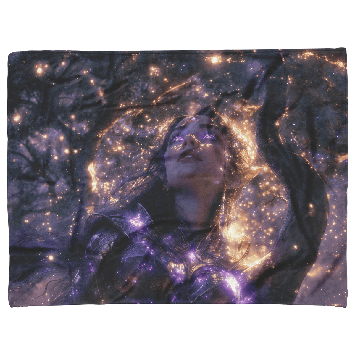 Night Elf Paladin Fleece Sherpa Blanket Silver Purple Armor Silver Light Cascading Stars Majestic Serene WoW Design - Awakening Righteousness