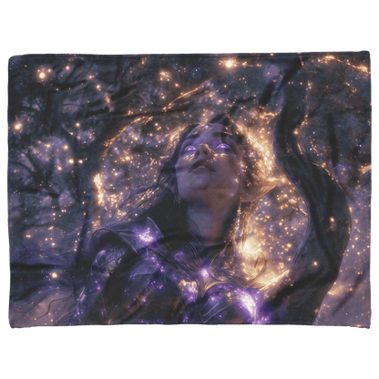 Night Elf Paladin Fleece Sherpa Blanket Silver Purple Armor Silver Light Cascading Stars Majestic Serene WoW Design - Awakening Righteousness