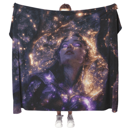 Night Elf Paladin Fleece Sherpa Blanket Silver Purple Armor Silver Light Cascading Stars Majestic Serene WoW Design - Awakening Righteousness