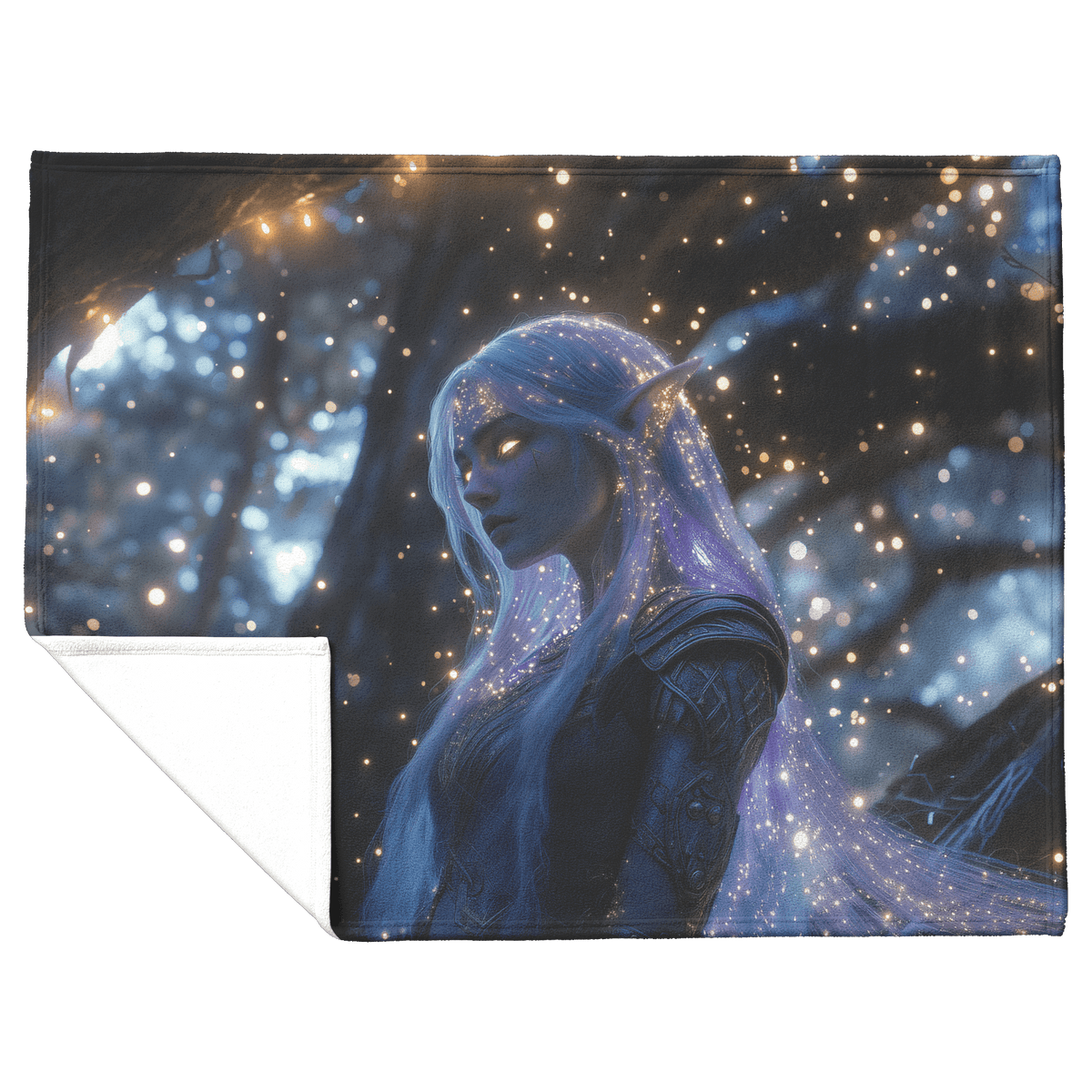 Night Elf Paladin Fleece Sherpa Blanket Silver Purple Armor Silver Light Cascading Stars Majestic Serene WoW Design - Awakening Righteousness